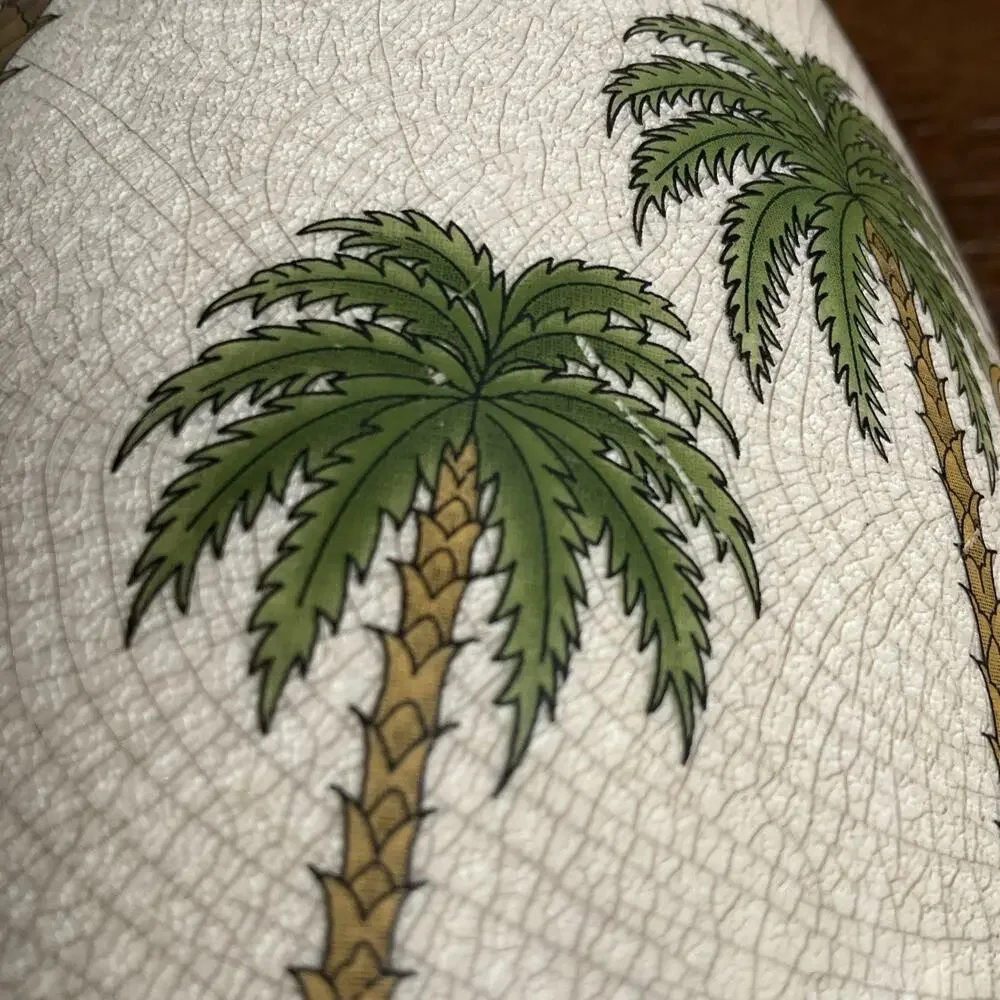 Vintage 2001 Ceramic crackle glaze Vase with Palm Trees 14- 1/2